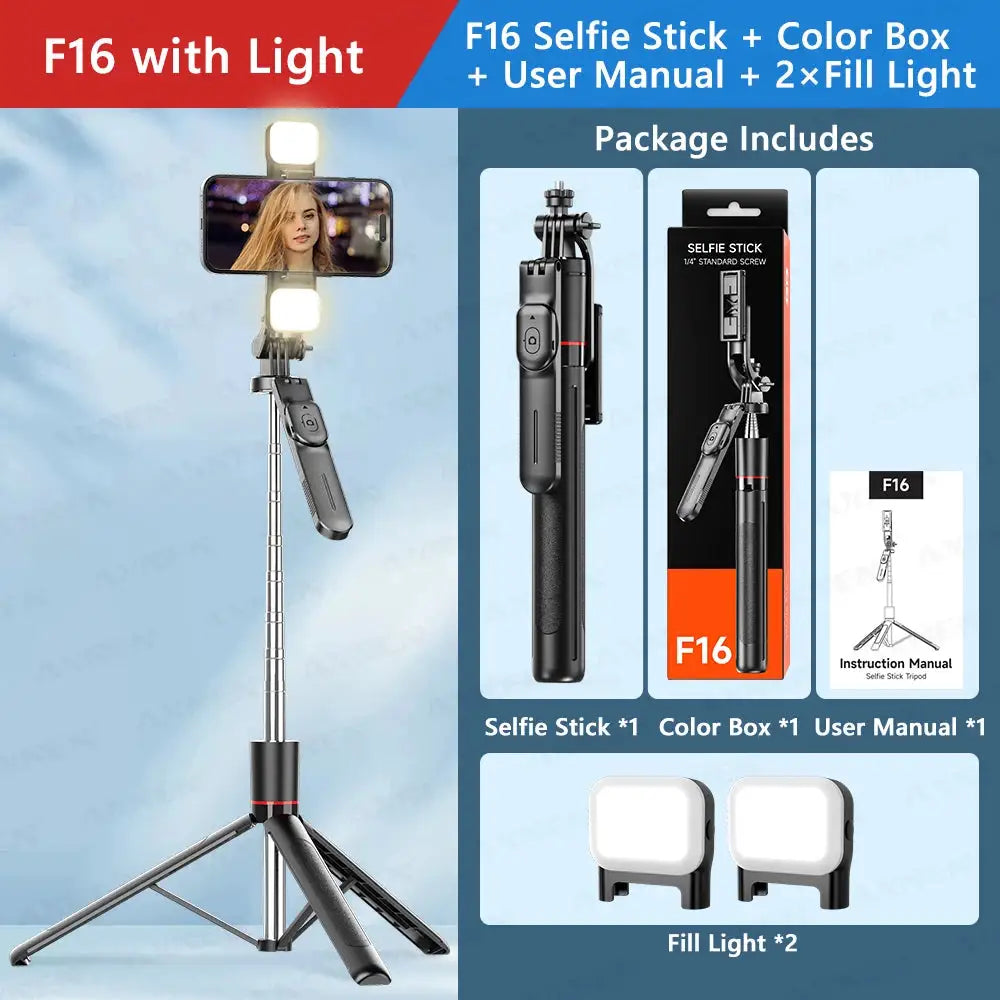 F16 Selfie Stick Tripod with 1708mm Long 8-Section Pole, Bluetooth Remote, 360° Rotation, 1/4 Interface, for Phone Camera Vlog