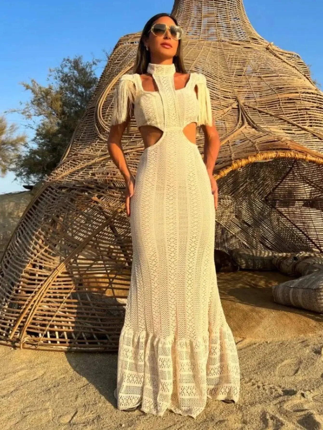 White Lace Turtleneck Dress Summer Beachwear Sensation