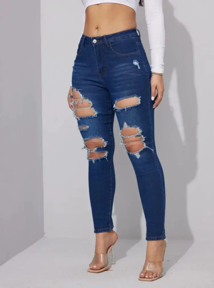 Summer New Womens Ripped Jeans High Stretch Slim Fit