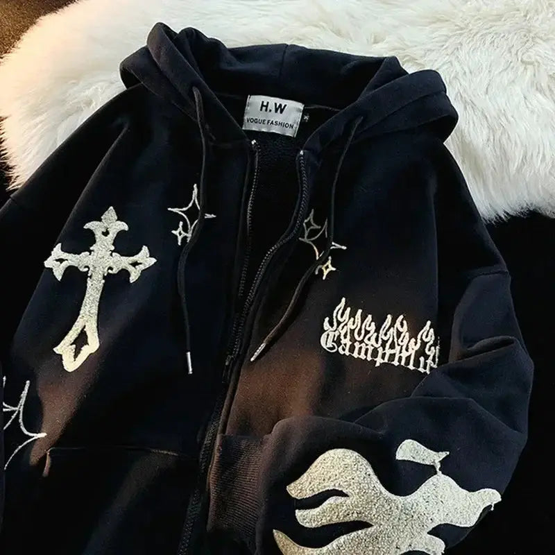 Harajuku Embroidery Hoodie Women Oversized Zip Up Sweatshirt
