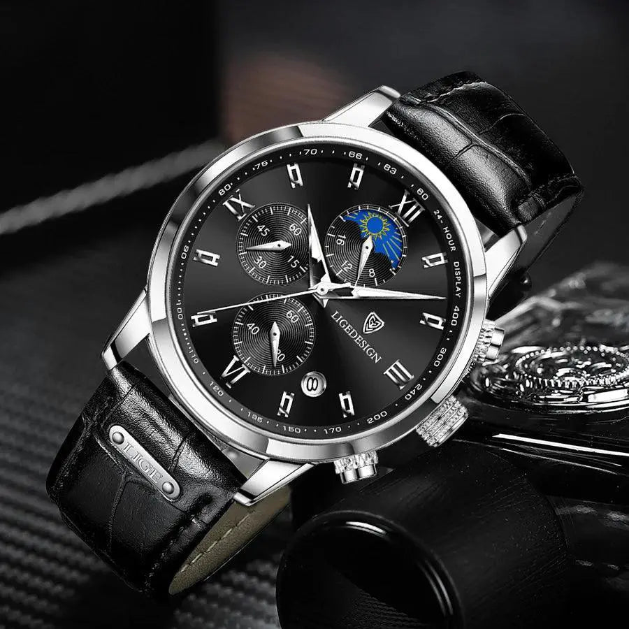 Lige Chronograph Leather Watch for Men Japanese Quartz