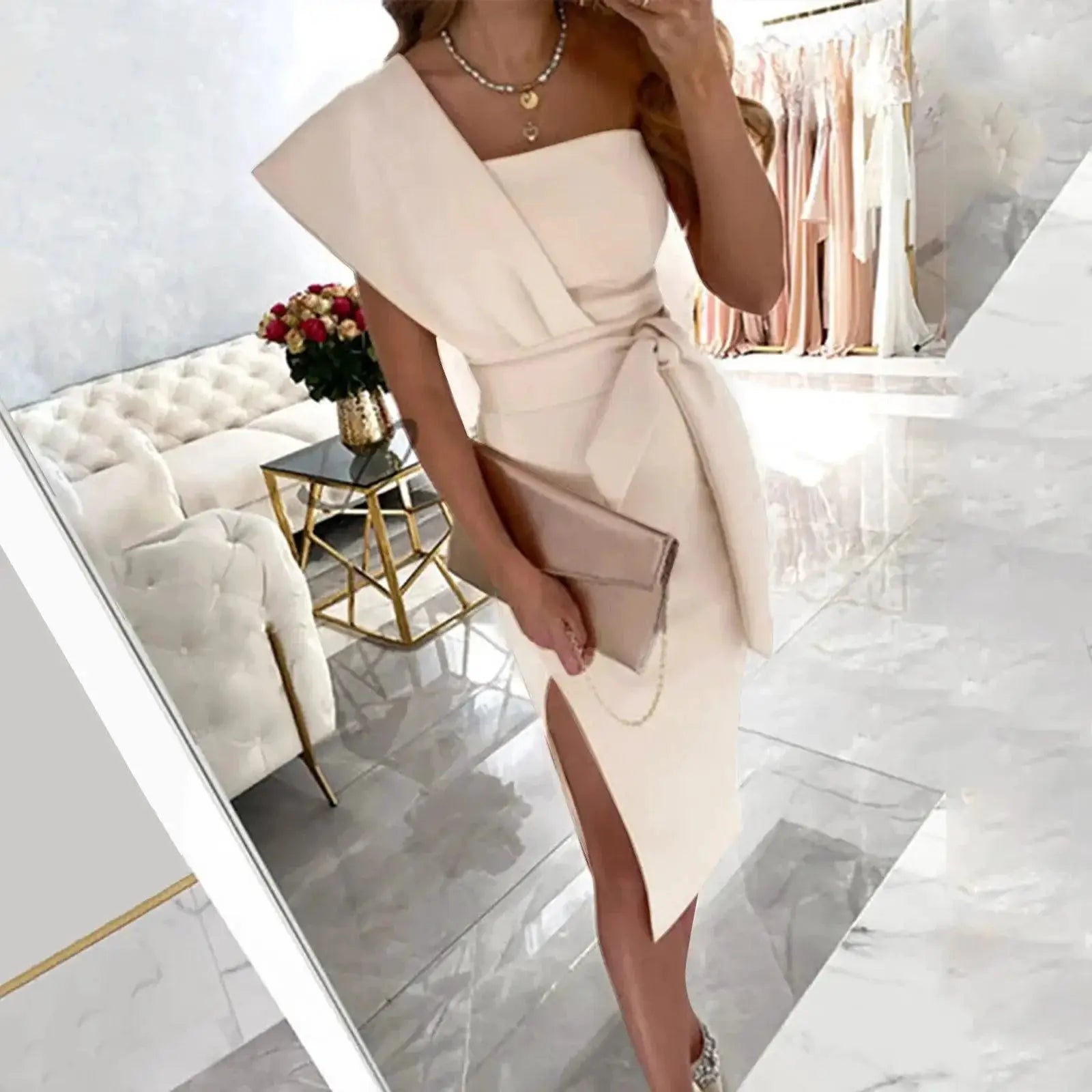 Elegant One Shoulder Ruffle Midi Dress Glam Statement Style