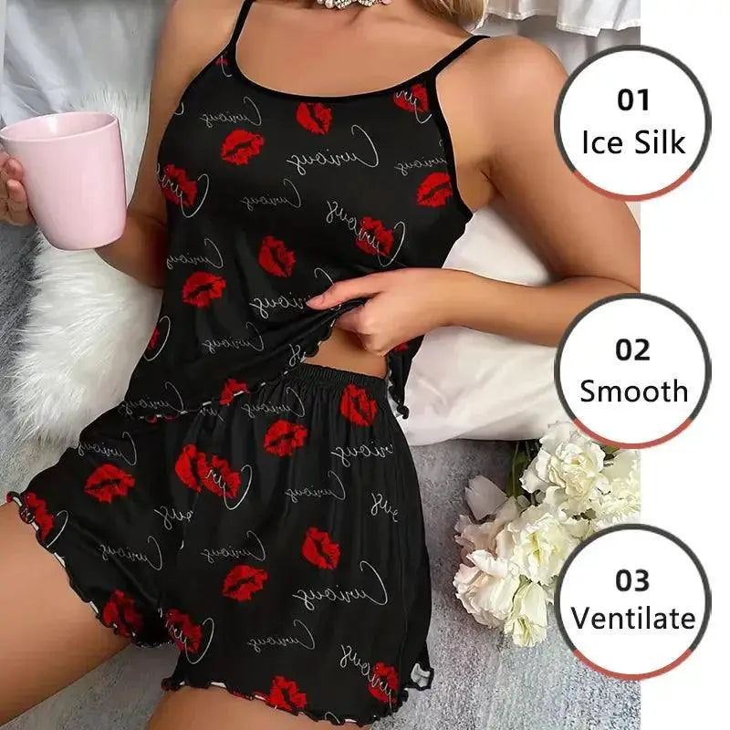 Lip Print Ice Silk Pajama Set Chic Camisole And Shorts