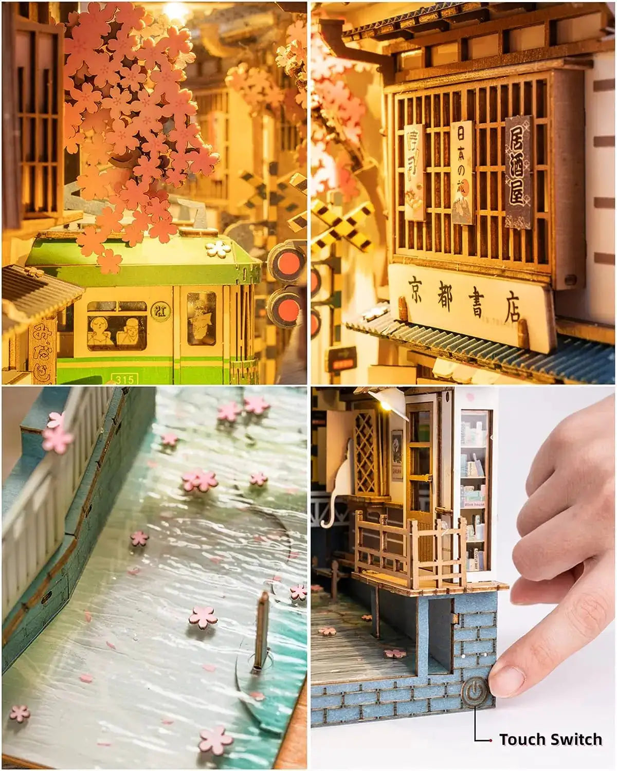 Robotime Sakura Densya Japan Book Nook Kit Glue-Free DIY Miniature House Model Kits 3D Wooden Puzzle Dust Cover Bookshelf Decoration Gift