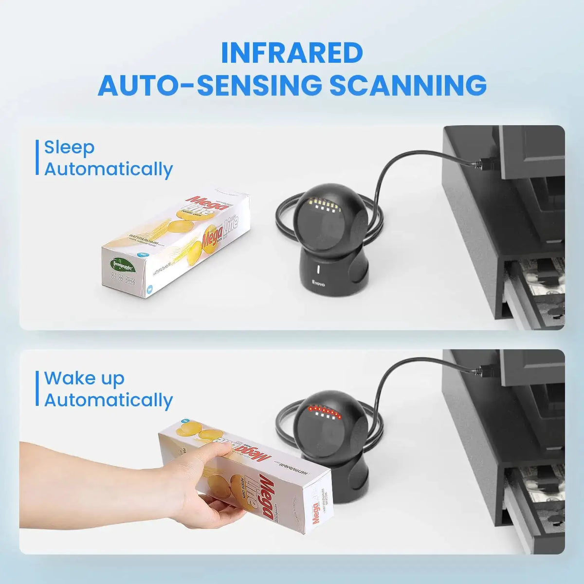Eyoyo EY-5500 Hands-free Omnidirectional Barcode Scanner QR Code Automatic Sensing Scanning 1D&2D Desktop Barcode Scanner, USB Wired Bar Code Reader Screen Scanning for POS Supermarket Library Bookstore