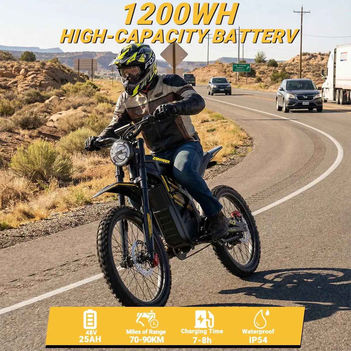 ZONVEER ZX3 2800W Peak Motor Electric Dirt Bike 48V/25Ah Electric Bike 65Miles Max Range 37Mph Max Speed Mountain Electric Motorcycle