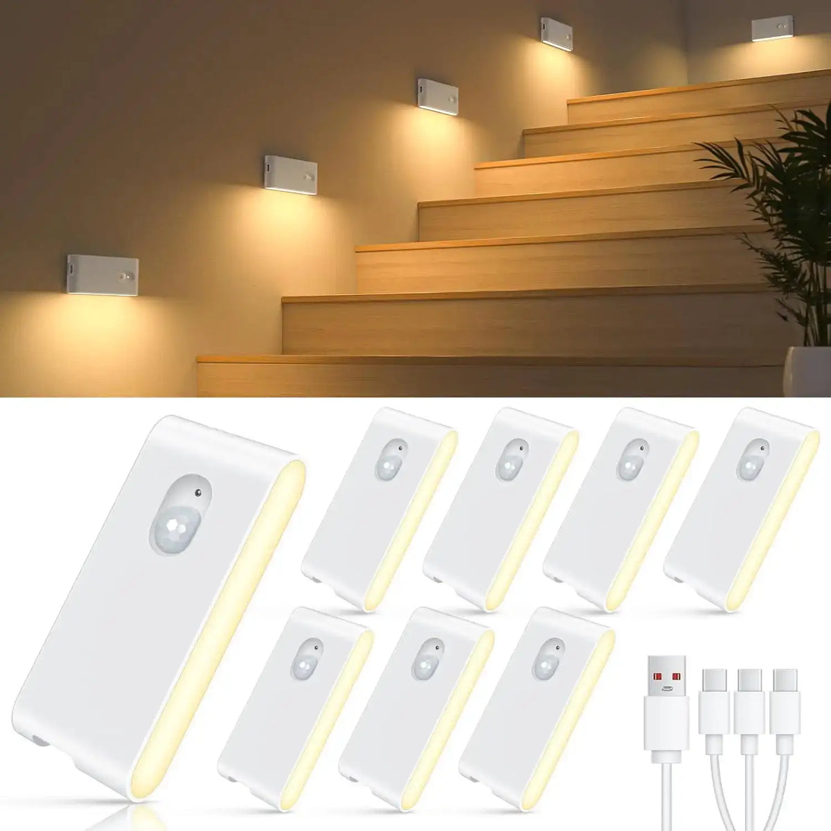 WILLED Motion Sensor Wireless Stair Lights Indoor Battery Rechargeable Night Lights for Stairway Hallway Kitchen Cabinet Bedroom