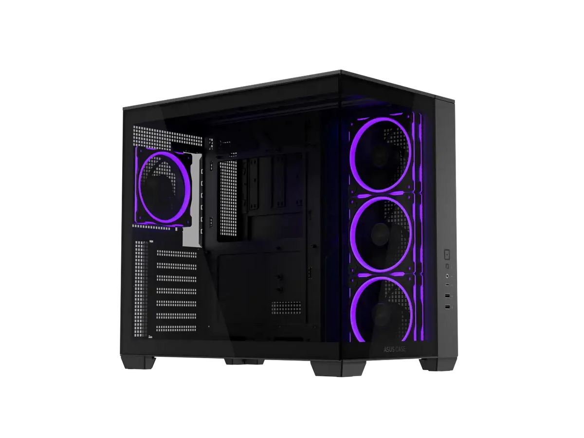ASUS A32 PLUS Black ATX gaming PC case, support 360mm radiators and 420mm graphics cards, dual-chamber chassis for independent cooling zones, four pre-installed ARGB fans and clean cable management