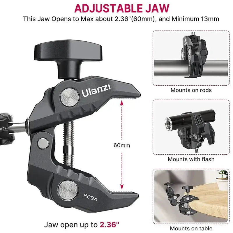 Ulanzi R094 Metal Super Clamp with Double Ball Head Magic Arm Clamp with 1/4" 3/8" Hole for DSLR Camera Monitor Light Mic Mount