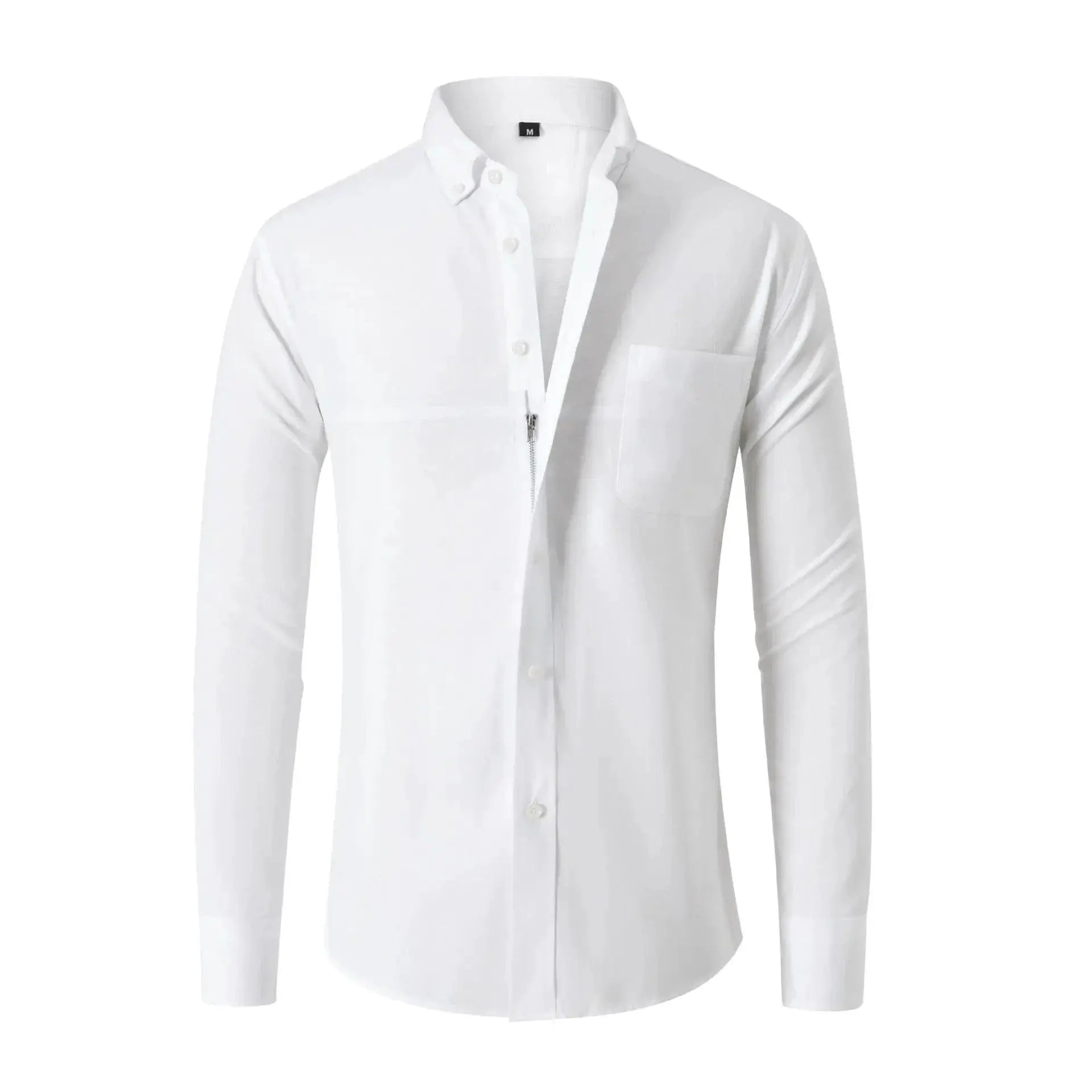 Mens Oxford Spun Shirt Zipper Long Sleeve Solid Color