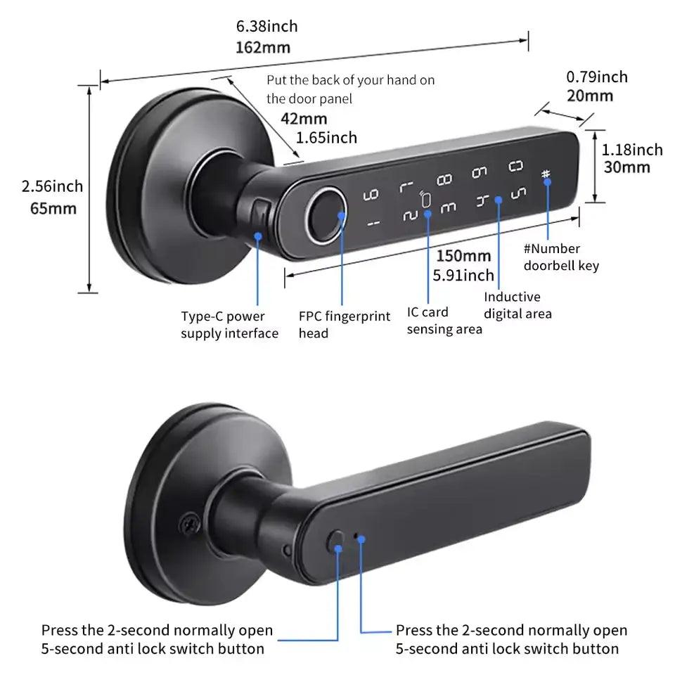 Work with Tuya App Bluetooth Smart Fingerprint Door Lock Password Mechanical Key NFC Unlocking For Wooden Door Handle Lock IP65