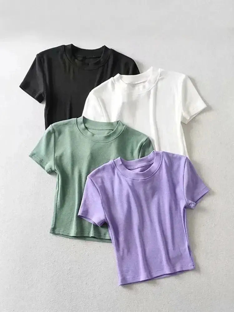 Women's Casual Short Sleeve Crop Top Slim Fit Tee Workout