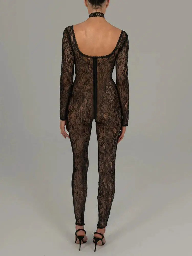 Mozision Lace Backless Jumpsuit Nightclub Elegance Statement