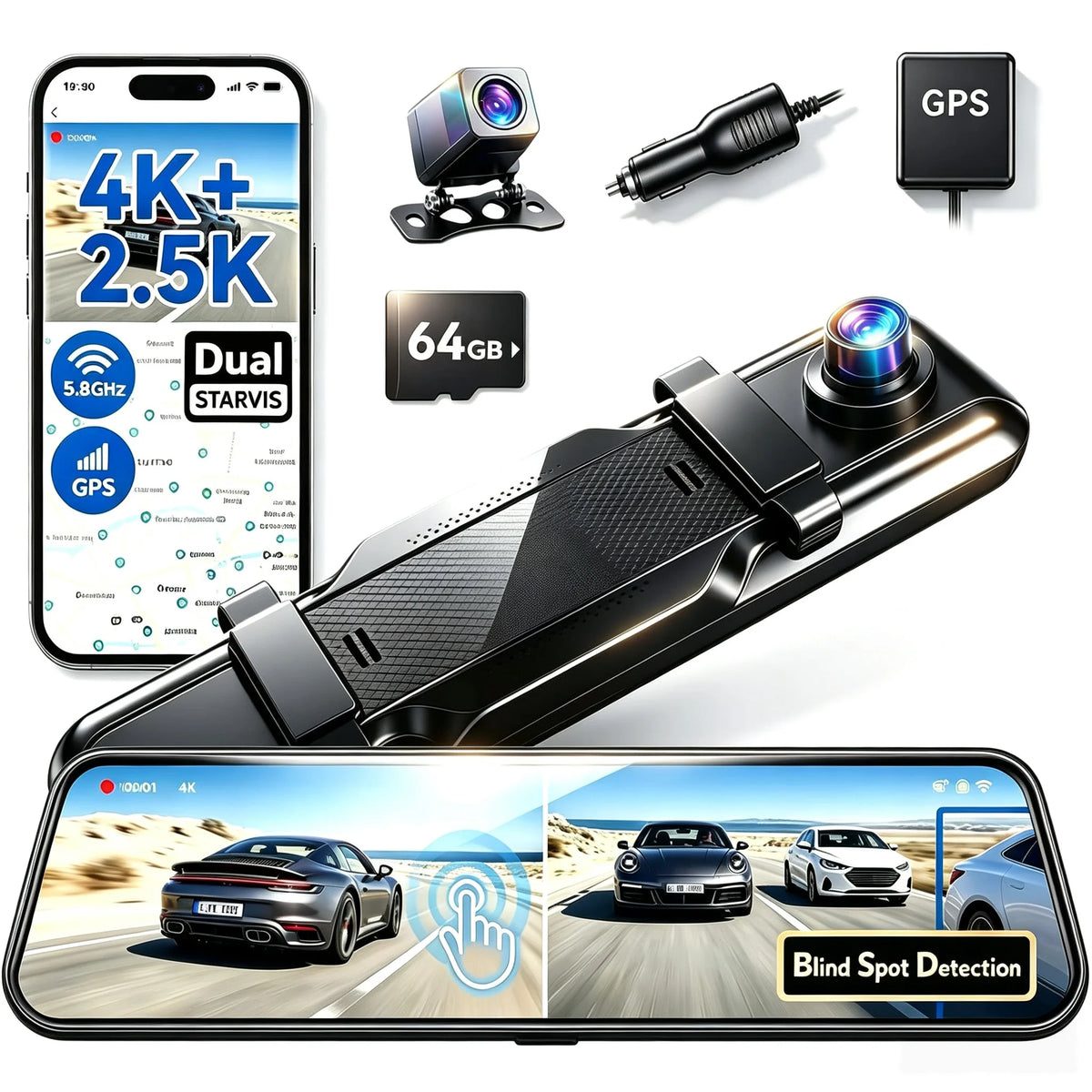 Mirror Dash Cam, Touch Screen, Front + Rear, CarBackup Camera — product view 1
