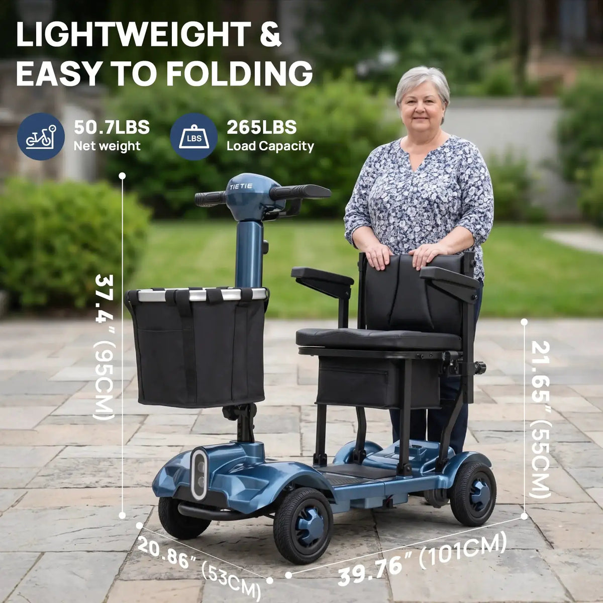 X17 4 Wheel Folding Electric Elderly Mobility Scooter 270W Motor 24V 10.4Ah Lithium Battery 10Miles Range 5MPH 12°Climbing Solid Tires Anti‑tip Wheels LED Light For Seniors Disabled Adults