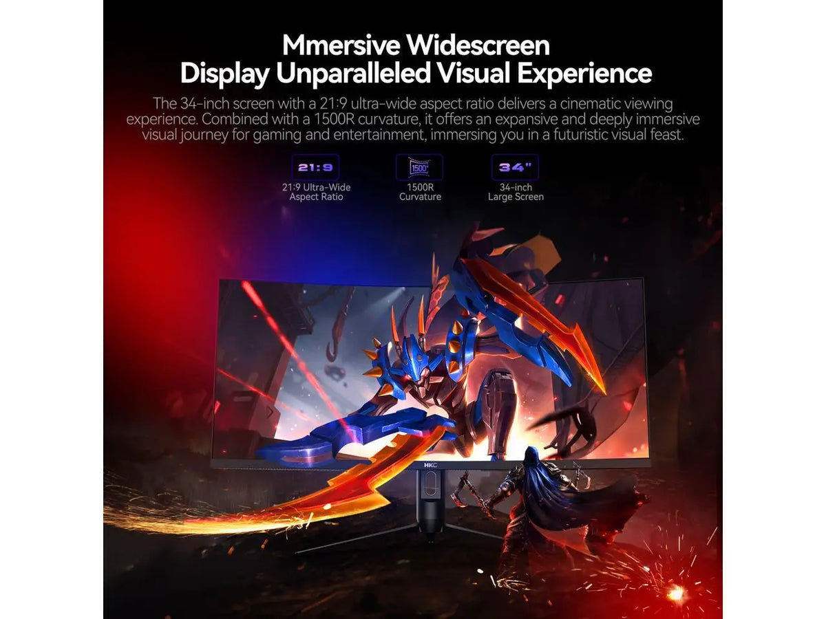 HKC 34 inch UltraWide QHD 2K 1440P (Quasi 4K) 240Hz 1ms DIC HDR400 95% DCI-P3 Curved Gaming Computer Monitor with Height Adjustable, Swivel, Pivot & Tilt Stand CG345UK