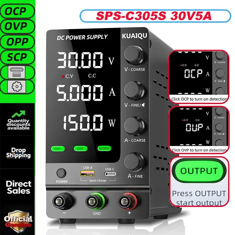 KUAIQU 30V 10A DC Power Supply Adjustable Digits Display Laboratory Power Supply Voltage Regulator 60V 5A 120V,32V 6A SPS-C3010
