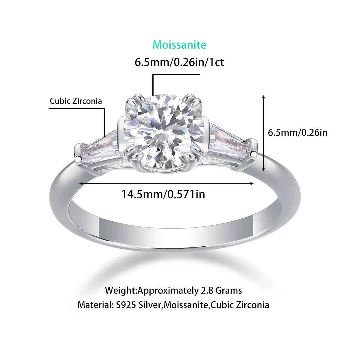 Sterling Silver Silver Moissanite Three Stone Ring — product image 2