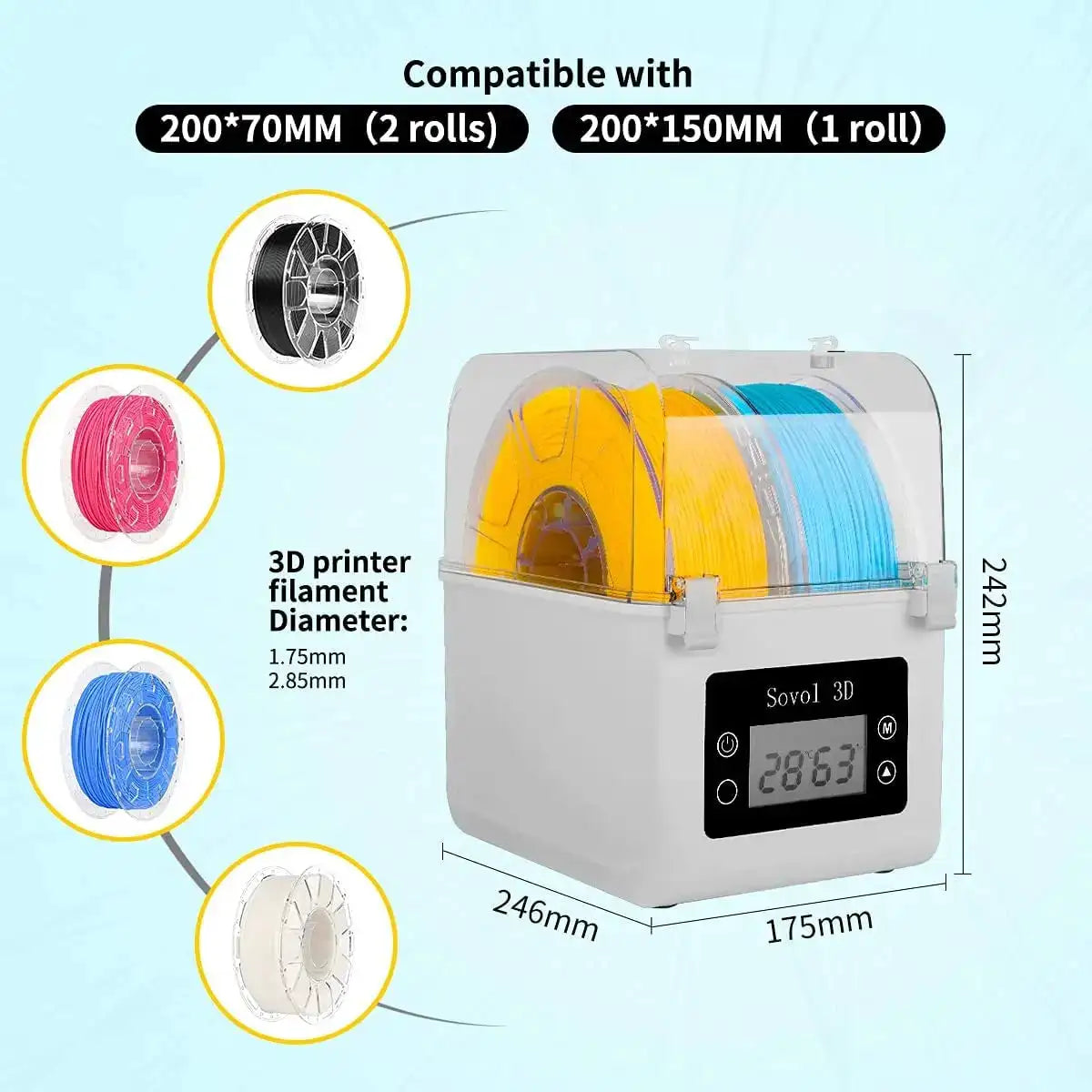 Sovol Filament Dryer 2023, SH01 Filament Dehydrator 3D Printer Spool Holder with Upgraded Fan, Dry Box for Keeping Filament Dry
