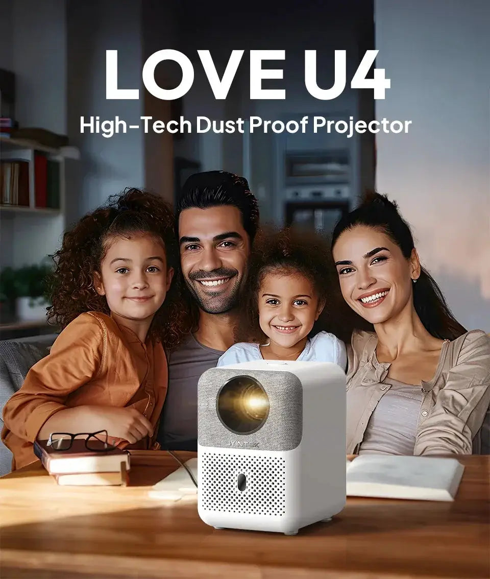 Smiling family with LOVE U4 high-tech dust proof projector in cozy living room, OurLum.com lifestyle