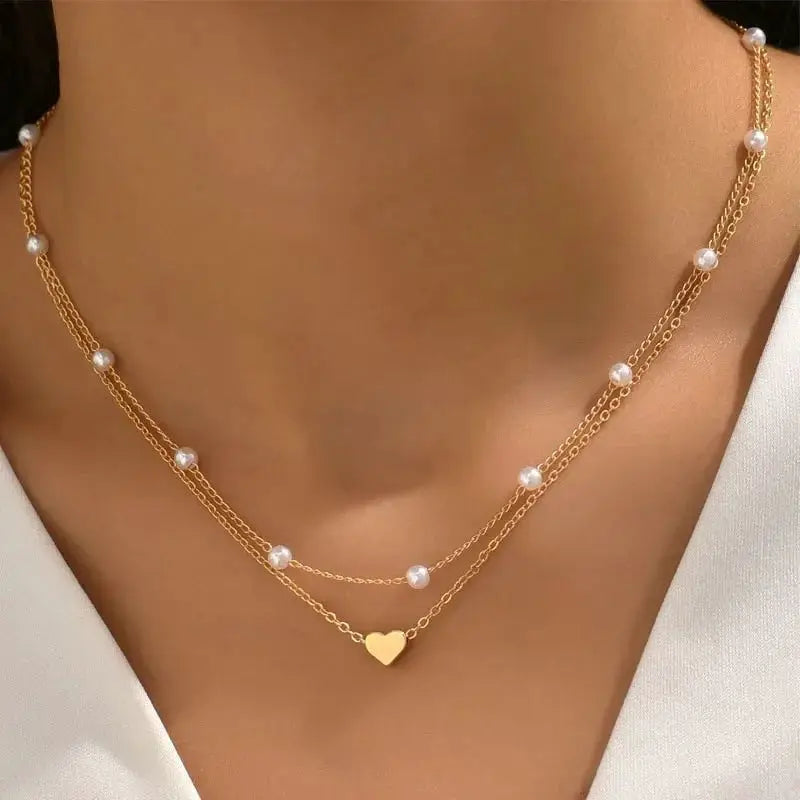 Womens Pearl Necklace Set 14K Gold Heart Jewelry Trio