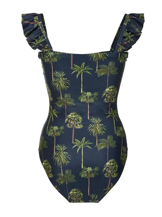 Dark Blue Floral Peplum Swimsuit Beachwear Set For Women
