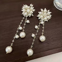 Imitation Pearl Flower Fringe Long Dangle Earrings For Women Party Jewelry