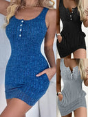 Button Front Pocket Tank Dress Sleeveless Bodycon For Spring Summer Women Modern