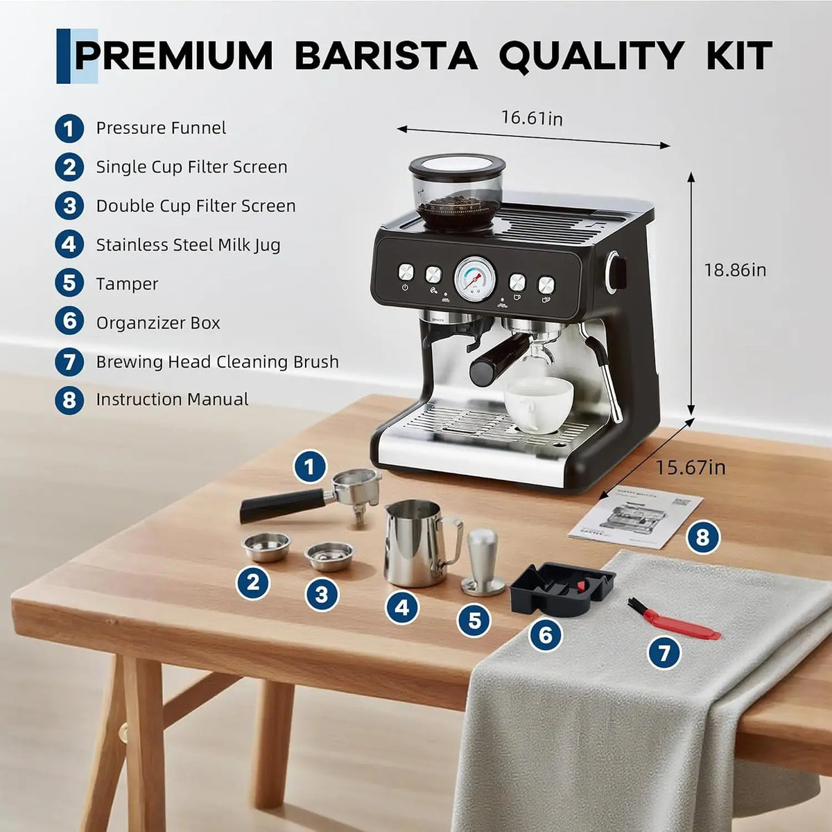 Tacleekii Stainless Steel Espresso Machine with Grinder — product view 6