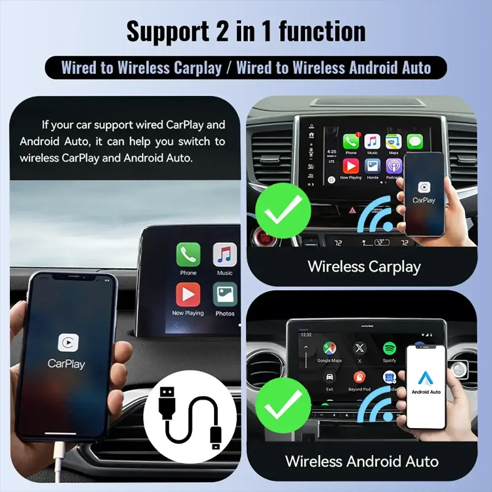 New 2 In 1 CarPlay Android Auto Glass Mirror Adapter