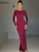 Hugcitar Backless Long Sleeve Bodycon Maxi Dress Solid Prom Party Y2K Night Glow