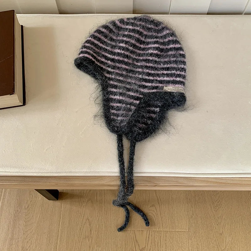 Striped Earflap Knit Winter Hat