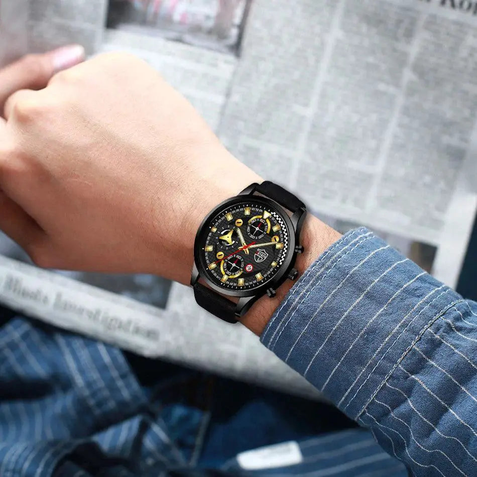 Leather Quartz Watch For Men Timeless Elegance Auto Date