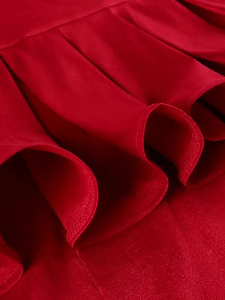Ravishing Red Peplum Dress Lantern Sleeves Evening Wear
