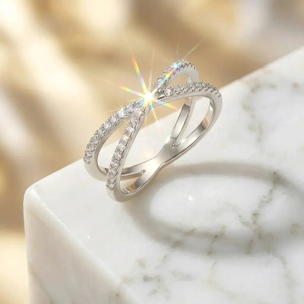 Moissanite Ring, 925 Sterling Silver, D Color VVS1, X-Shape Crossover Design, Unisex Stackable, Couple Ring, With Certificate