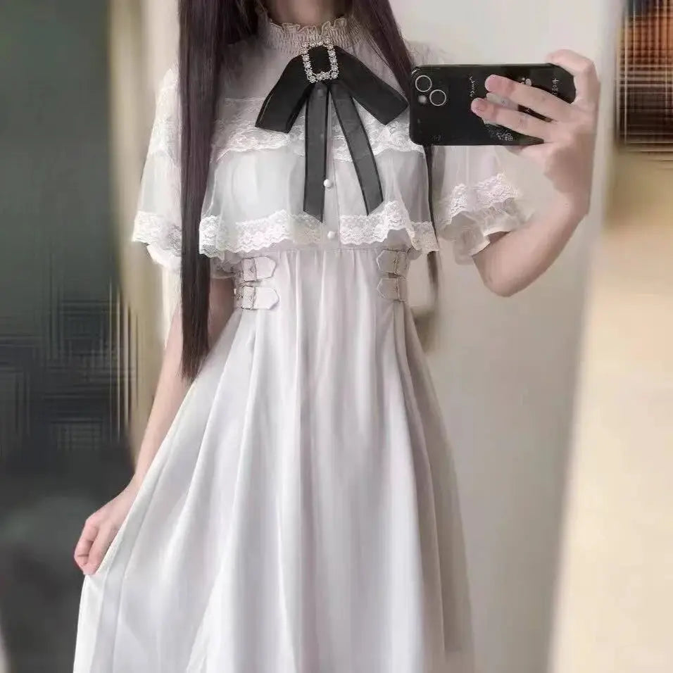 Summer Fashion Sweet Bow Stand Collar Vestidos Mujer Y2k Lace Short Sleeve Dress for Women New High Waist Dresses Chic
