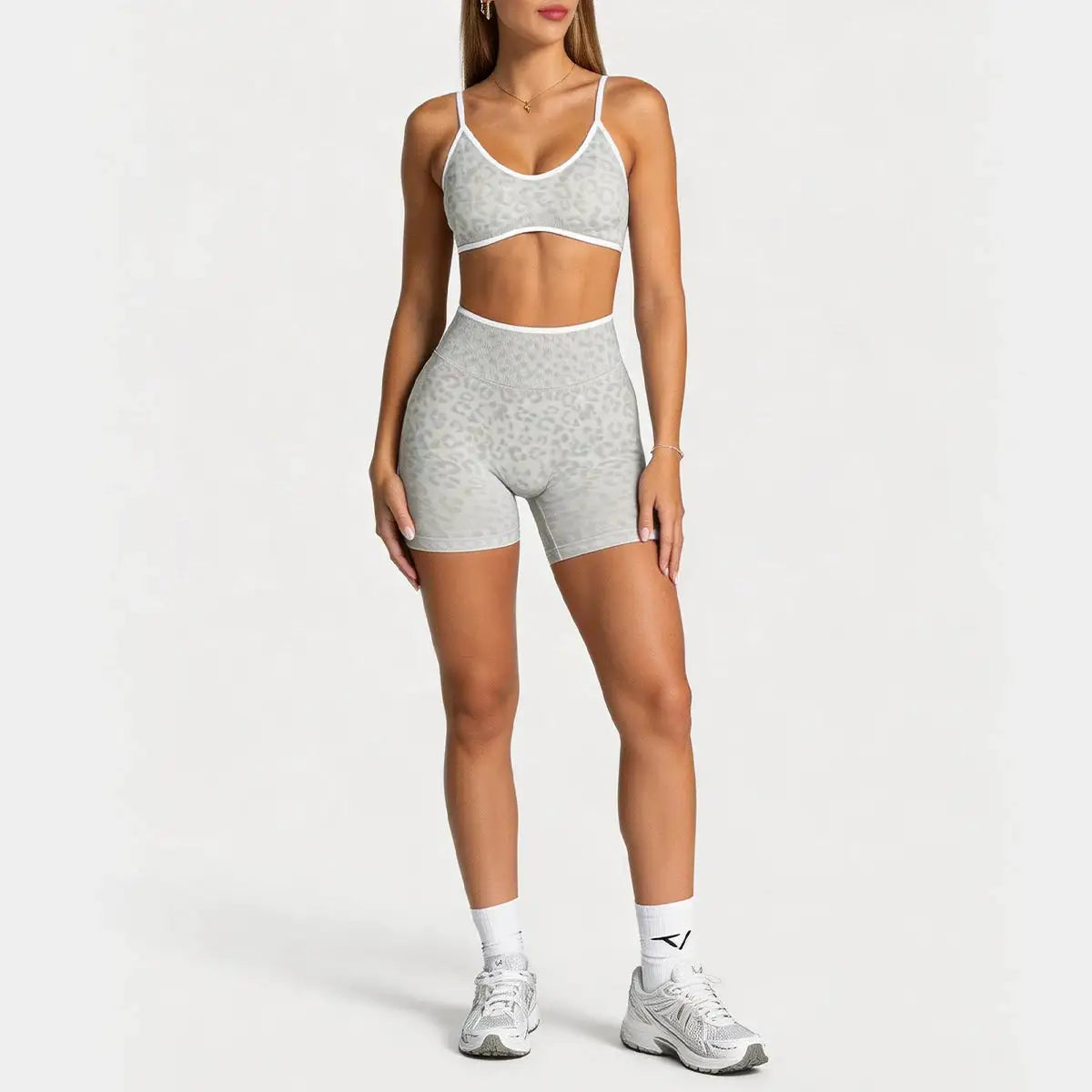Women Leopard Print 2 Piece Yoga Set High Waist Butt Lift Biker Shorts Adjustable Strap Sports Bra Gym Workout Activewear