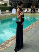 Backless Halter Patchwork Maxi Dress For Women Solid Evening Party Wedding Guest