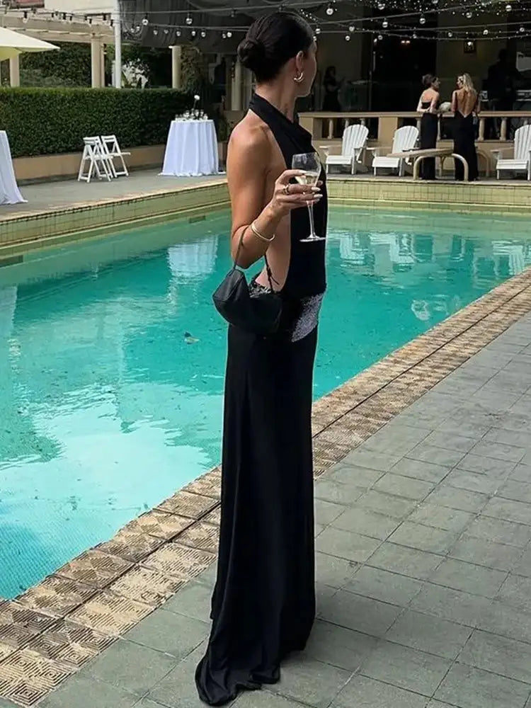 Backless Halter Patchwork Maxi Dress For Women Solid — product view 13