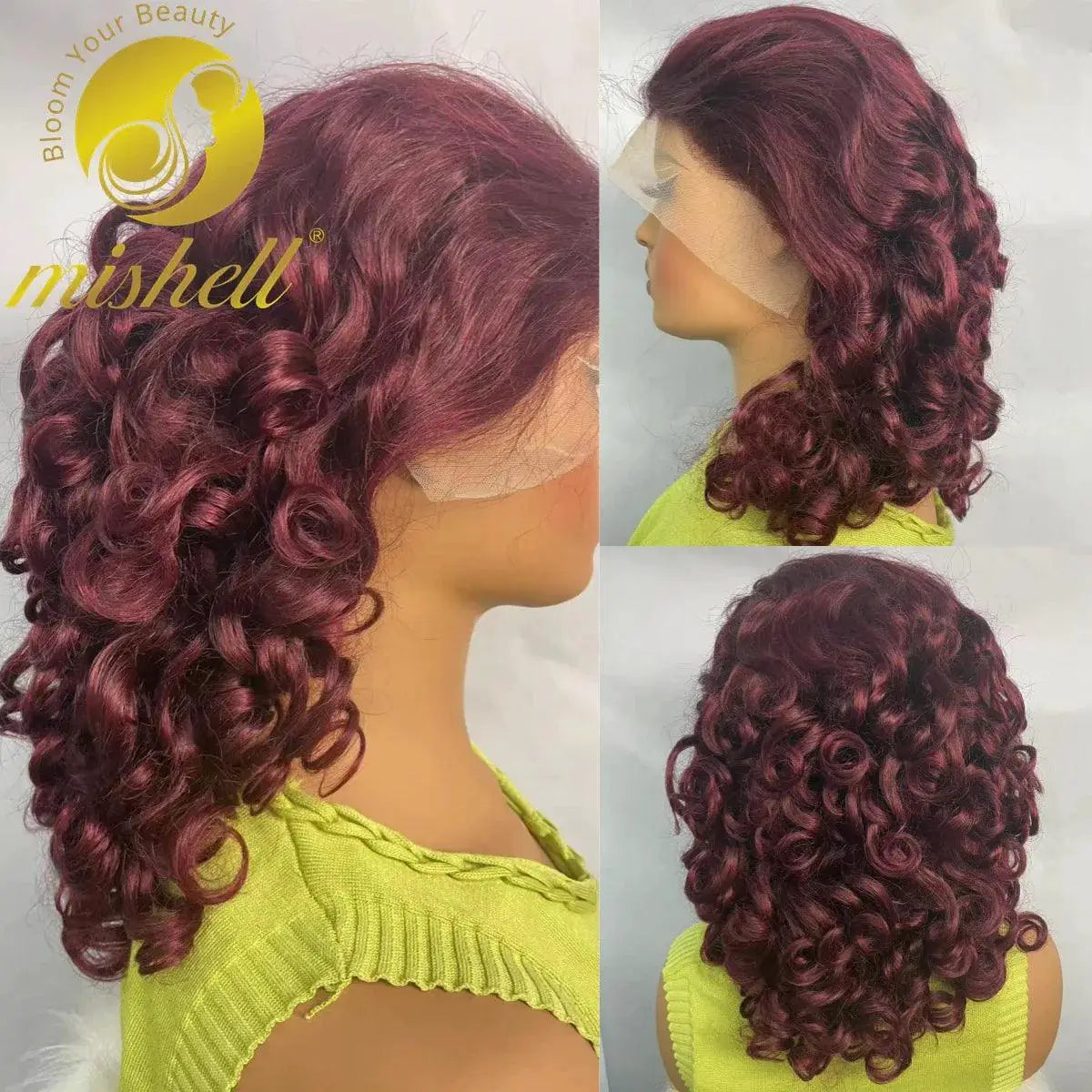 16 Inch Burgundy 99J Pre Plucked Full Lace Curly Bob Wig