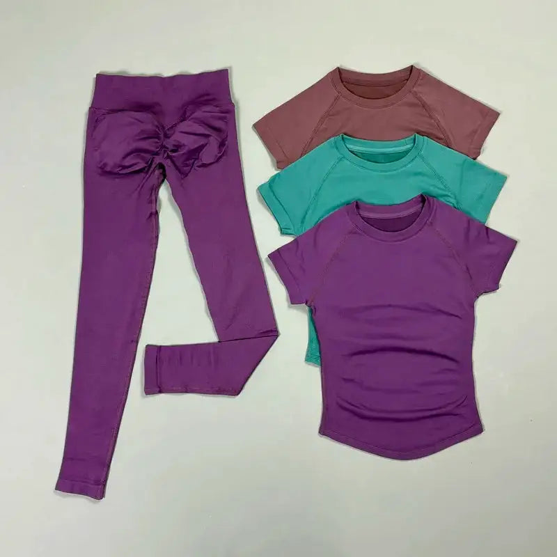 2Pcs HISTELLO Fitness Sets Women High Elastic Seamless Short Sleeve Top Low Waist Full Leggings Tummy Control Butt Lift Yoga Gym