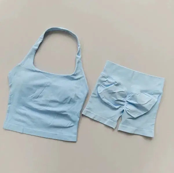 Yoga 2 Pieces Gym Set Women Backless Halter Tops High Waist Seamless Shorts Gym Suit Fitness Sports Bras Sportswear Workout Sets