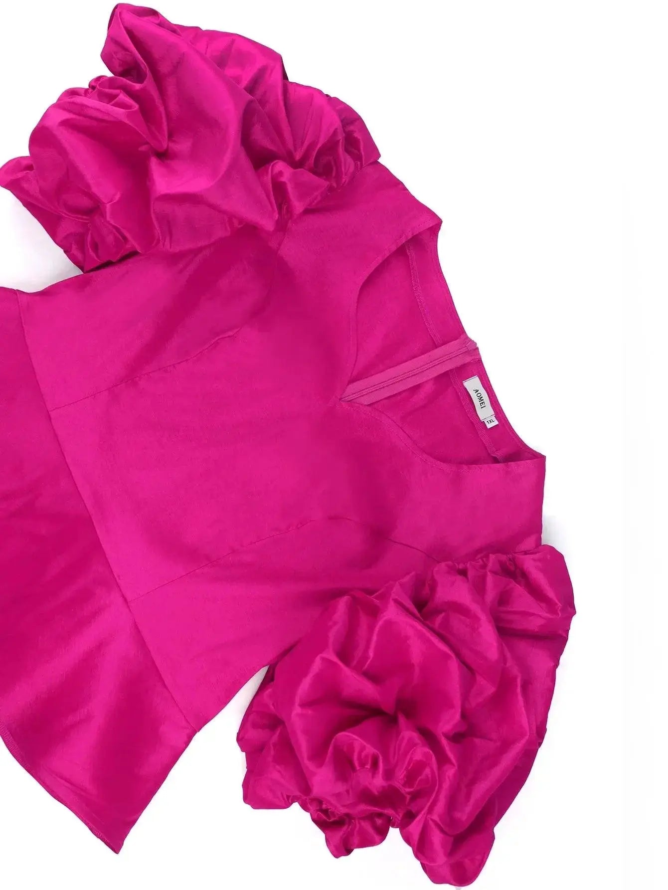 Shiny Peplum Blouse With Puff Sleeves Elegant Women Top