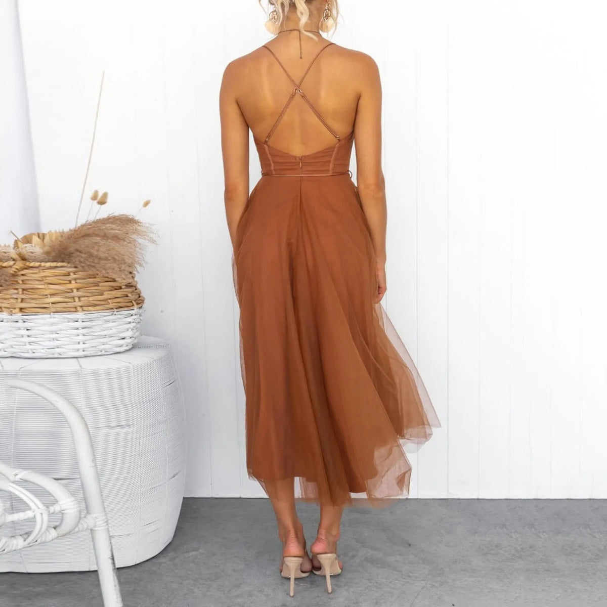 Backless Mesh Drawstring Evening Dress