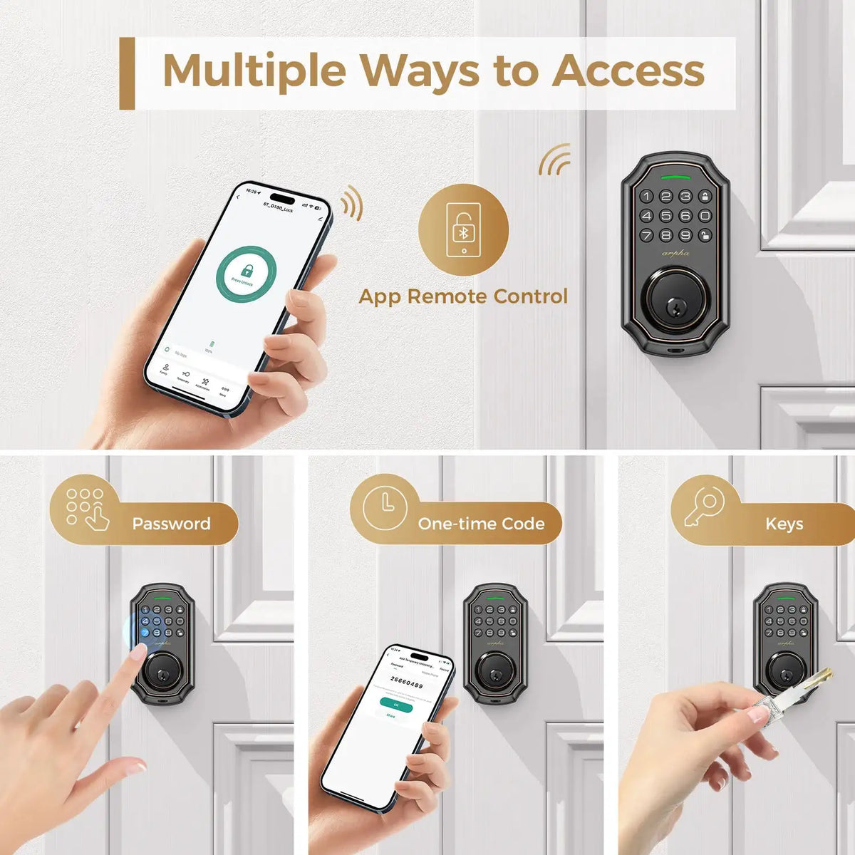 1/2/4PCS Arpha Smart Door Lock Keyless Entry Keypad Electronic Deadbolt WiFi Door Lock with Tuya App Control Auto Lock One-Time Password Anti-Peeping Passcode Battery Powered for Home Front Door