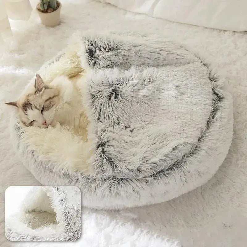 Round Plush Pet Bed With Cover 2-In-1 Nest For Small Dogs