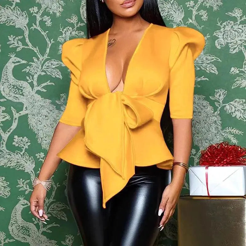 Peplum Chic Deep V Neck Womens Evening Blouse Night