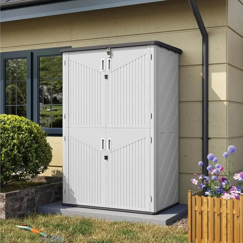 Aoxun 1800L Tall Outdoor Storage Shed with Floor, 133×75.5×190.5 cm Narrow Waterproof Horizontal Resin Cabinet for Garage Storage 64 Cu.Ft,Wheelie Bin Storage, Pool Storage, Plastic Shed, Garden Shed
