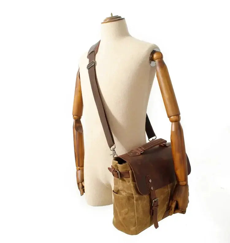 Oil Waxed Canvas Crazy Horse Leather Crossbody Briefcase - OurLum.com