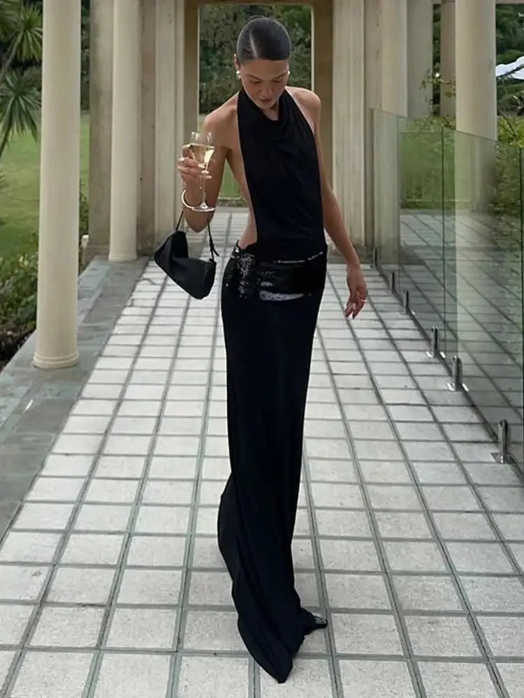Backless Halter Patchwork Maxi Dress For Women Solid Evening Party Wedding Guest - product image 5